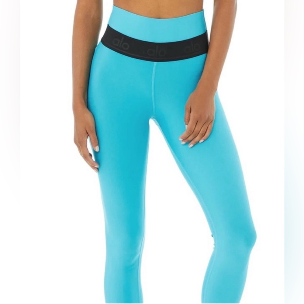 ALO Yoga High Waist Fitness Legging in Blue Splash and Black Logo Band